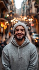Fototapeta premium A man wearing a gray hoodie and a white hat is smiling and posing for a picture. The image has a warm and friendly mood, with the man's smile and the cozy clothing he is wearing