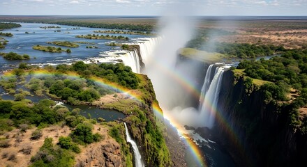 A breathtaking aerial view of Victoria Falls, showcasing cascading water, lush greenery, and vibrant rainbows arching over the dramatic cliff face.