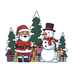 Santa Claus and Snowman Shaking Hands with Christmas Gifts.