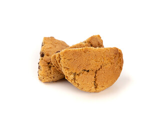 Chocolate cookies with chocolate filling isolated, brown round biscuits, broken sweet cocoa pastry