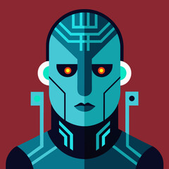 Futuristic blue robot head with glowing orange eyes and circuitry detail