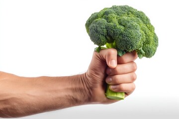 Man's hand clenching fresh broccoli on white background, conveying health, power, and wholesome eating