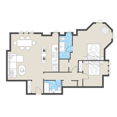 Modern 2D Floor Plan of Two Bedroom Apartment Layout