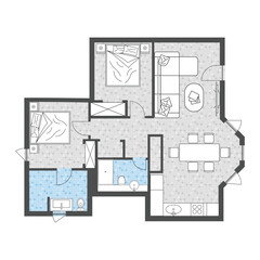 Modern 2D Floor Plan of Two Bedroom Apartment Layout