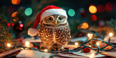 A confused owl wearing a Santa hat standing among holiday cards and tangled fairy lights, meme concept.