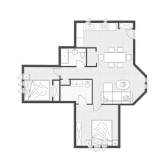 Modern 2D Floor Plan of Two Bedroom Apartment Layout