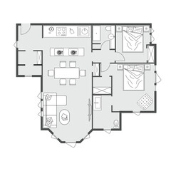 Modern 2D Floor Plan of Two Bedroom Apartment Layout