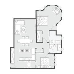Modern 2D Floor Plan of Two Bedroom Apartment Layout