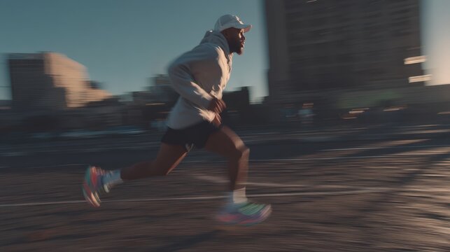 Male athlete running fast on urban street with motion blur, having speed workout during morning