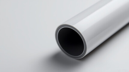 A sleek, white cylindrical pipe is depicted on a light grey surface. The image showcases the simplicity and industrial design of the object, with a focus on the pipe's clean lines and smooth surface.