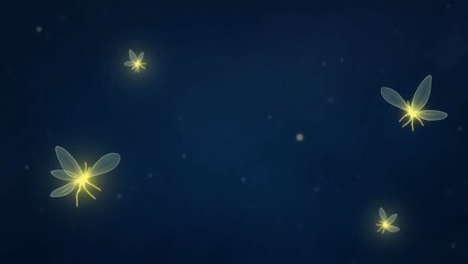 Whimsical fireflies glow softly in a dark blue night sky, evoking summer evenings and a sense of magic and wonder for children's book illustrations