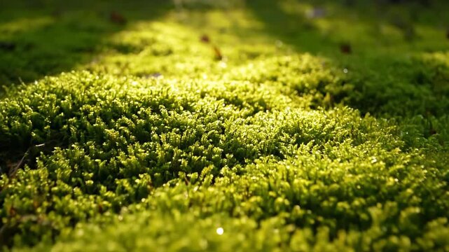 Sun-Kissed Moss: A close-up shot revealing a vibrant patch of moss illuminated by the sun's gentle rays, a miniature world of lush texture and serene beauty.