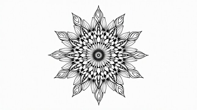 Detailed mandala flower design with intricate line art, perfect for coloring books or elegant backgrounds showcasing artistic detail and creative flair