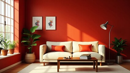 Elegant living room design with modern furniture and a vibrant red wall brings a cozy and sophisticated atmosphere perfect for lifestyle and interior designs