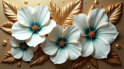 Elegant white flowers and golden leaves creating a stunning design, perfect for adding a touch of luxury and beauty to your project, with a modern and sophisticated touch