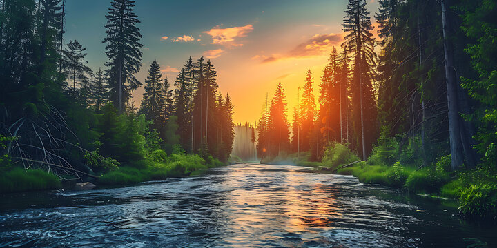 Dramatic forest river at sunset nature landscape
