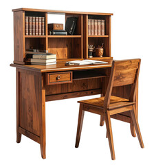 Fototapeta premium A wooden desk with a hutch and chair, furnished with books and stationery