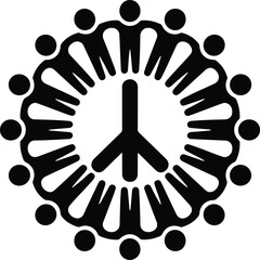 Diverse group of people holding hands in a circle around a peace symbol