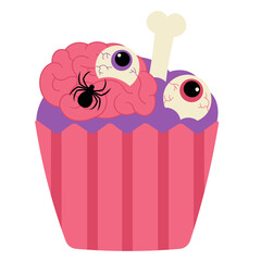Halloween Zombie Brain Cupcake with Purple Frosting Pink Wrapper Bone and Spider Decoration on...