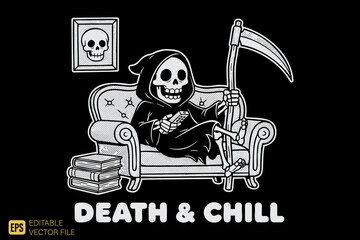 Grim Reaper Relaxing on Couch with Books and Scythe.
