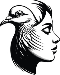 Surreal profile of a woman merging with a bird s head in black and white