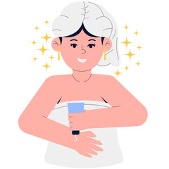 Illustration of a Woman Wrapped in a White Towel Applying Body Lotion with Sparkles on a Transparent Background