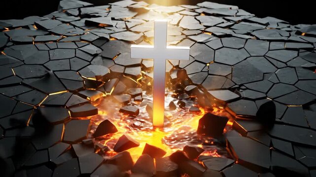 Christian cross emerging through cracked earth with glowing light and lava like material below, religious theme animation