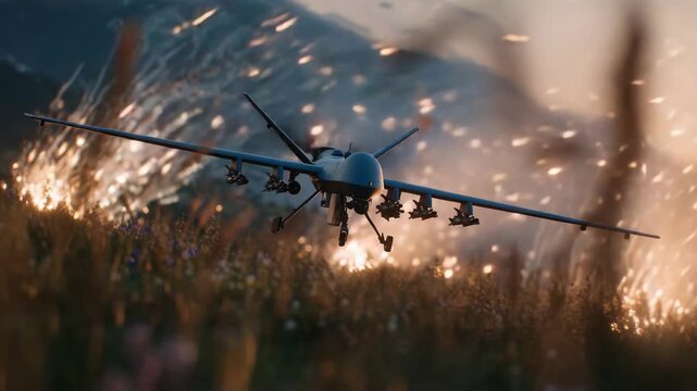 273Dramatic perspective of Shahed drone flying across fields under heavy ground fire, bullets and smoke crisscrossing, cinematic sunset lighting highlighting metallic drone