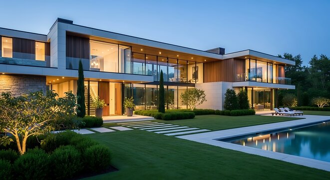 A modern, luxurious home with a sleek design and beautifully landscaped gardens, bathed in the soft glow of twilight, features a large, inviting pool. - Powered by Adobe