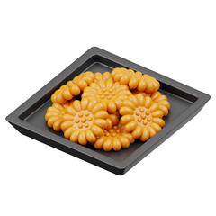Golden flower shaped Yakgwa cookies arranged in a dark square tray with a transparent background creating a delightful sweet treat perfect for culinary presentations