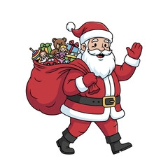Cartoon Santa Claus Waving with Sack of Toys.