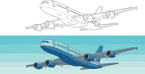 Airplane illustration, line drawing and colored version, aircraft design contrast, flight perspective, aviation art, blue sky background, jet