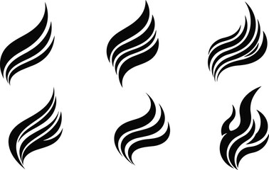 Abstract flame wing icons, black symmetrical designs, curved tapering shapes, tattoo style, graphic elements, white background, artistic motifs