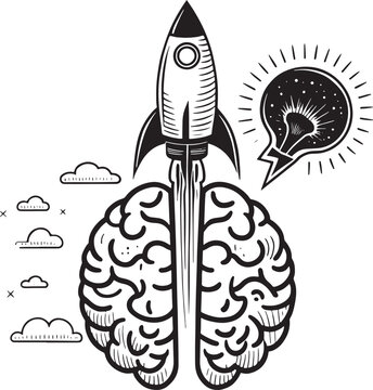 Mental health Black and white illustration of a rocket launching from a brain with a lightbulb idea vector