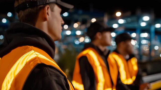 A row of fluorescent orange jackets with reflective strips glowing, illuminated by overhead warehouse lights, industrial scaffolding in background