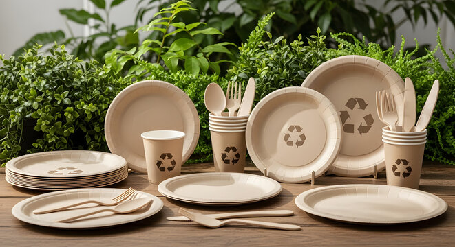 Sustainable picnic setup for eco conscious gatherings with biodegradable plates, cups, and cutlery surrounded by lush green foliage, perfect for earth friendly events