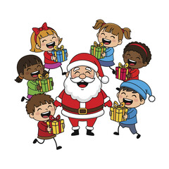 Santa Claus surrounded by happy children holding Christmas presents.