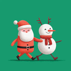 Christmas cartoon characters walking together, fun modern art mascot illustration with santa, snowman reindeer