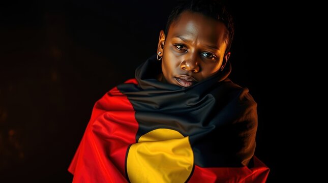 Aboriginal australian flag draped over person black background portrait