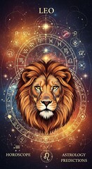 Detailed illustration of a lion's head, surrounded by astrological symbols and a cosmic background, showcasing the Leo zodiac sign and its related astrology predictions.