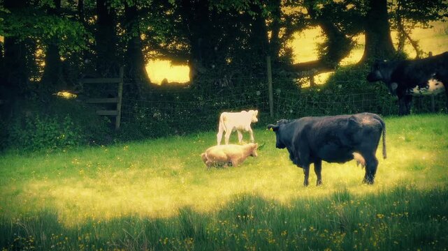 Cows And Calves In Meadow Peaceful Rural Scene
