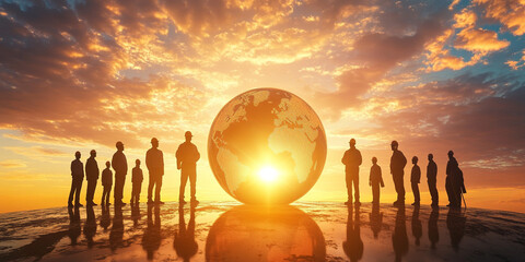 Labor Day unity with workers standing around globe and sunrise glow