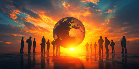 Labor Day unity with workers standing around globe and sunrise glow