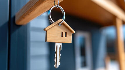 Golden house-shaped key hanging on a silver keyring, representing new home ownership, real estate investment, safety, and the opportunity of a new beginning, with a soft background