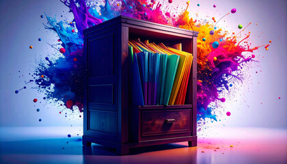 Vintage Wooden Filing Cabinet with Colourful Folders. Interior concept. Generated Image