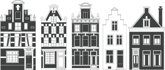 Black and white architectural illustration of traditional Dutch canal houses, Amsterdam city skyline in minimalist vintage style
