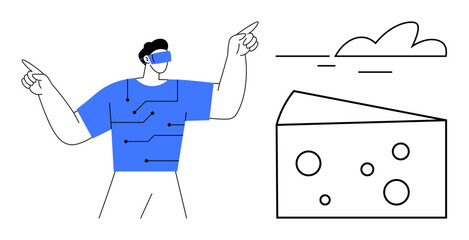 Person wearing VR headset interacting with virtual elements, suggesting technology and innovation. Ideal for tech trends, AI, virtual experience, simulation, digital evolution, futuristic themes