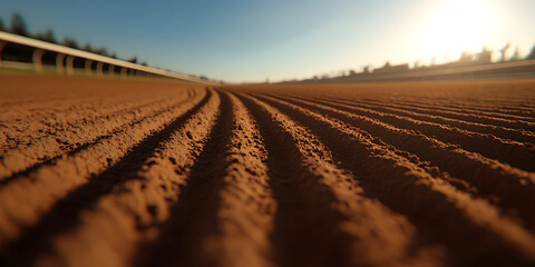 A close-up of a dirt track, showcasing the texture and pattern of the freshly tilled ground. The sunlight casts long shadows, creating a striking contrast across the race track.