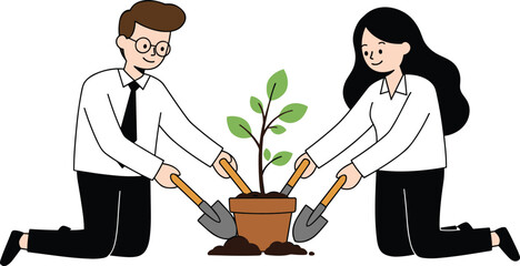 Two business professionals planting a small tree together to promote sustainability, teamwork, and environmental responsibility illustration
