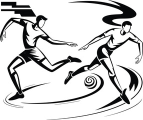 Dynamic soccer players illustration, black and white sports design, modern football action art, athletic motion silhouette, competitive game concept
